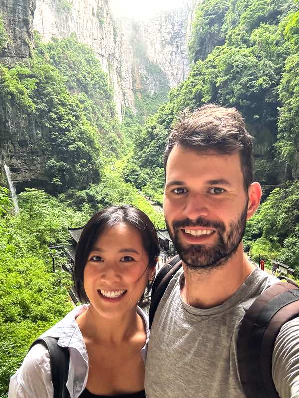 Couple selfie at Three Natural Bridges, Wulong Karst National Park