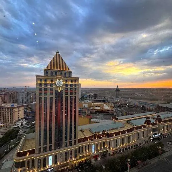 Sunset view over Horgos from our hotel window, with Kazakhstan visible in the desert beyond the city