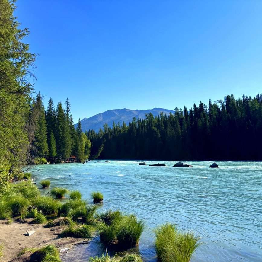 View of Kanas Lake, Xinjiang, from the shoreline walkway