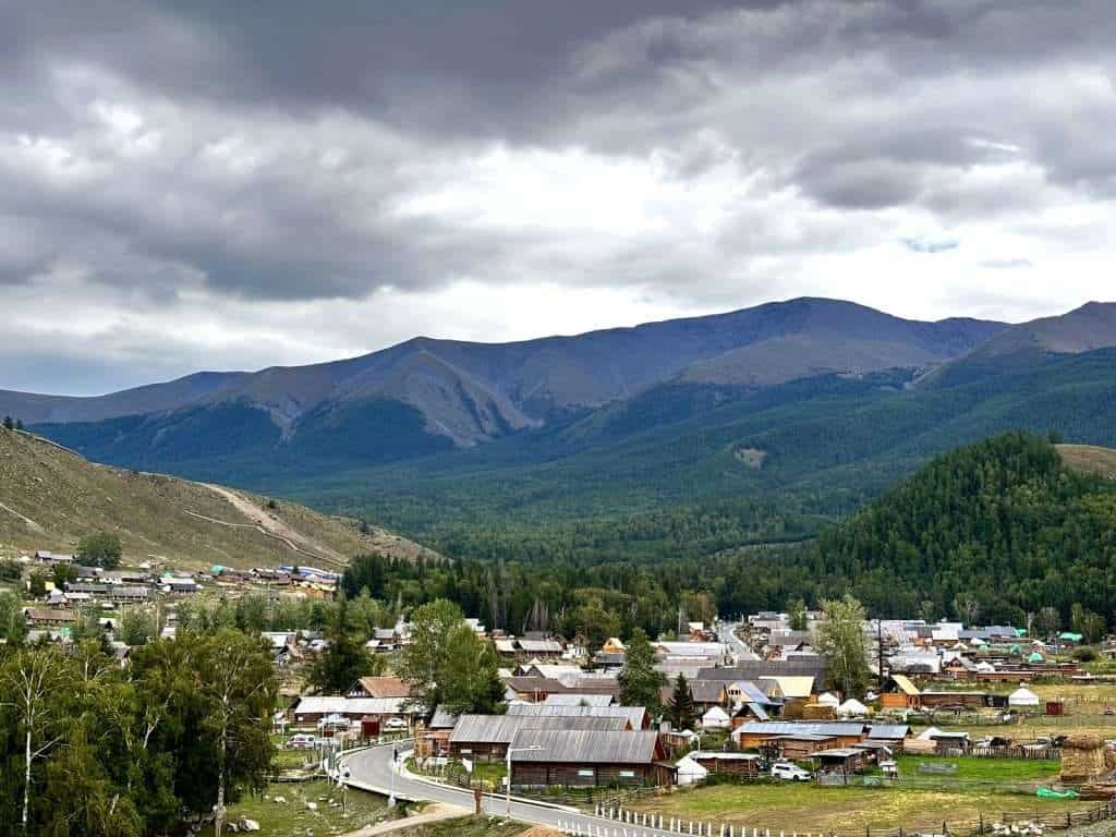 Log cabin houses in Baihaba Village, Xinjiang