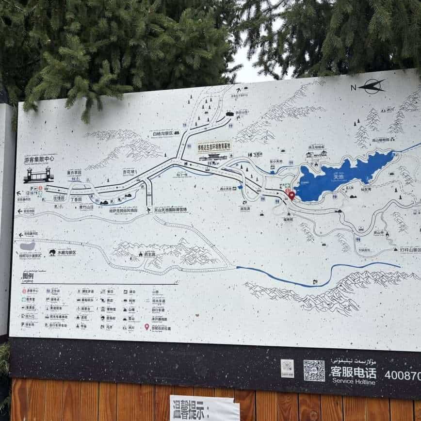 Map of Tianshan Tianchi Lake and surrounding area in China.
