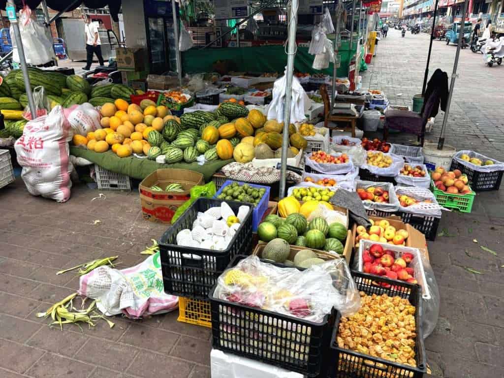 Small street fruit stall outside our lunch restaurant in Fuyun