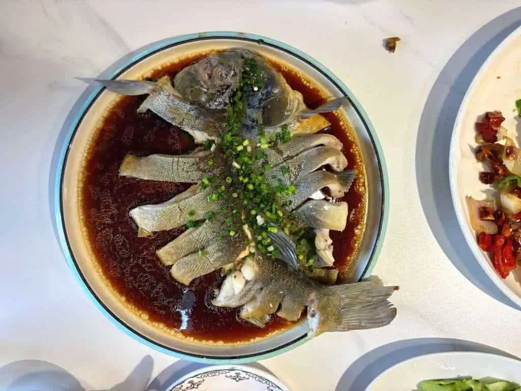 Steamed fish, part of the cold-water-fish set menu in Altay
