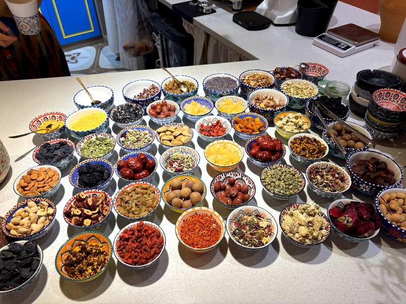 Ingredients for milk skin tea and other drinks at a Yining tea house