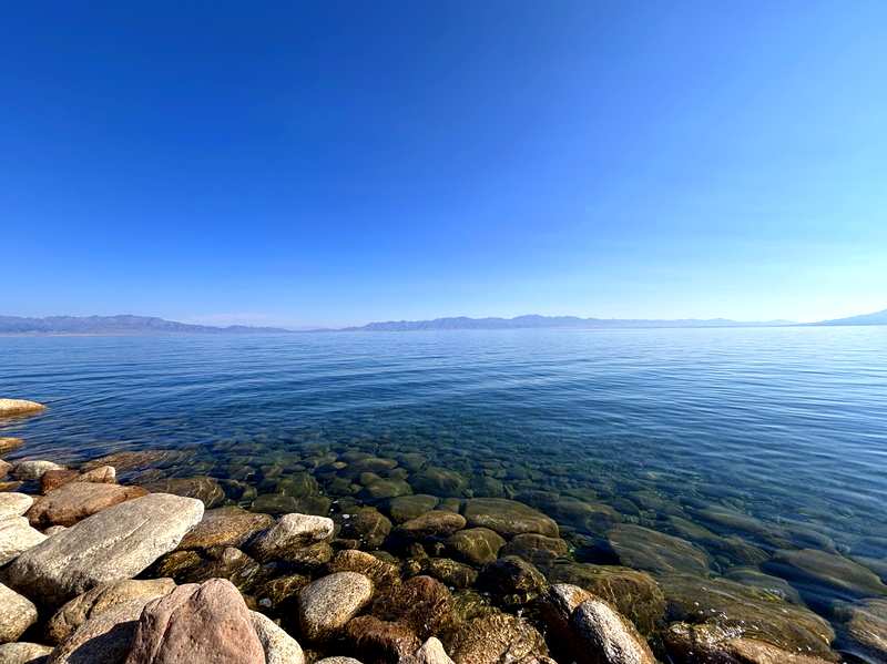 Clear water over rocks at the lakefront near Pine Head, Sayram Lake