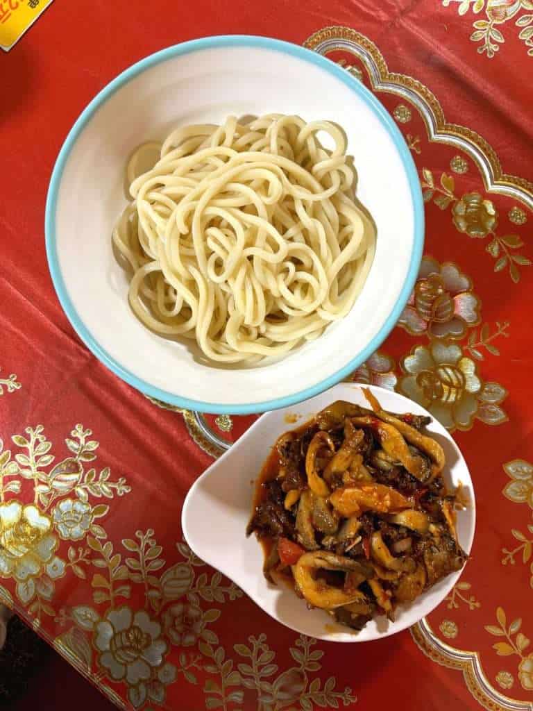 Hand-pulled noodles with meat from lunch